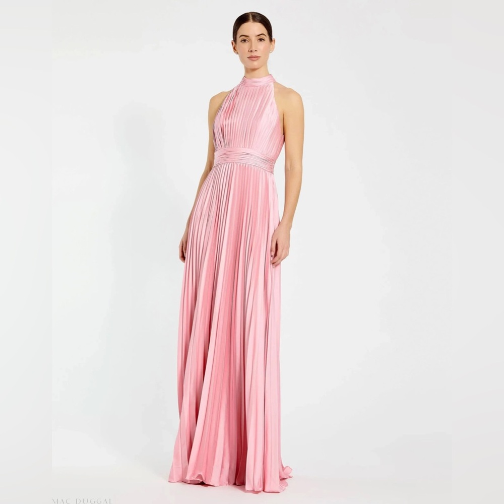 ✔️#74B BNWT MAC DUGGAL Pink Pleated High Neck Satin Sleeveless Halter Gown